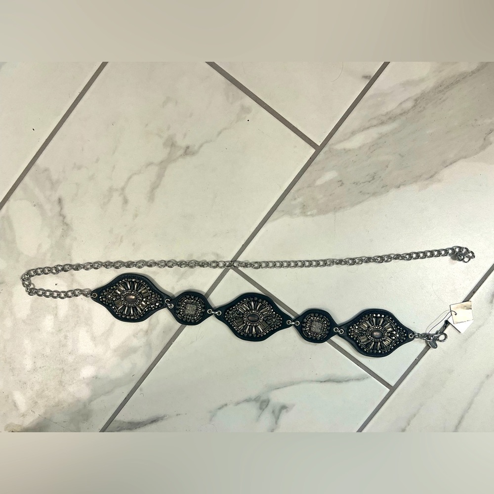 Embellished black chain belt size medium/large. Never worn.